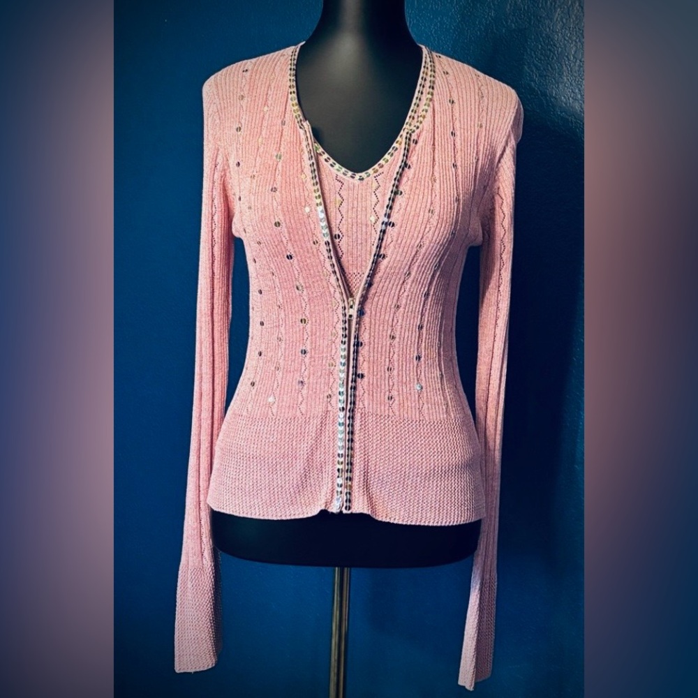 🦄RARE🦄 Vintage JANE DOE COLLECTION Twinset, sequins, metallic pink, knit